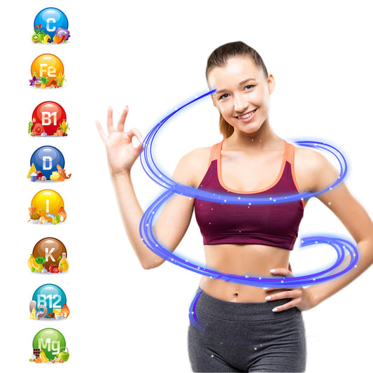 Illustration of a woman pointing to eight nutrient bubbles showing essential vitamins and minerals every woman needs.
