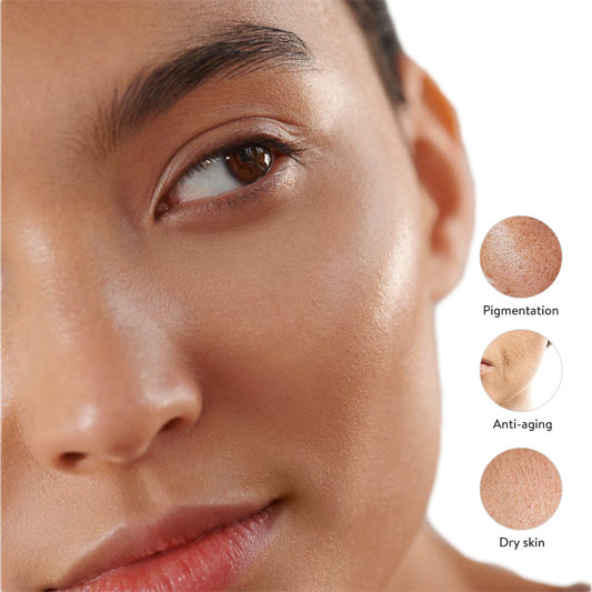 Close-up image of a woman with a cutaway view illustrating the different layers of the skin.