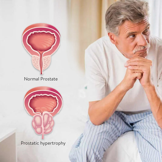 Senior man looking stressed with comparison of healthy and enlarged prostate gland illustrating prostate enlargement symptoms.