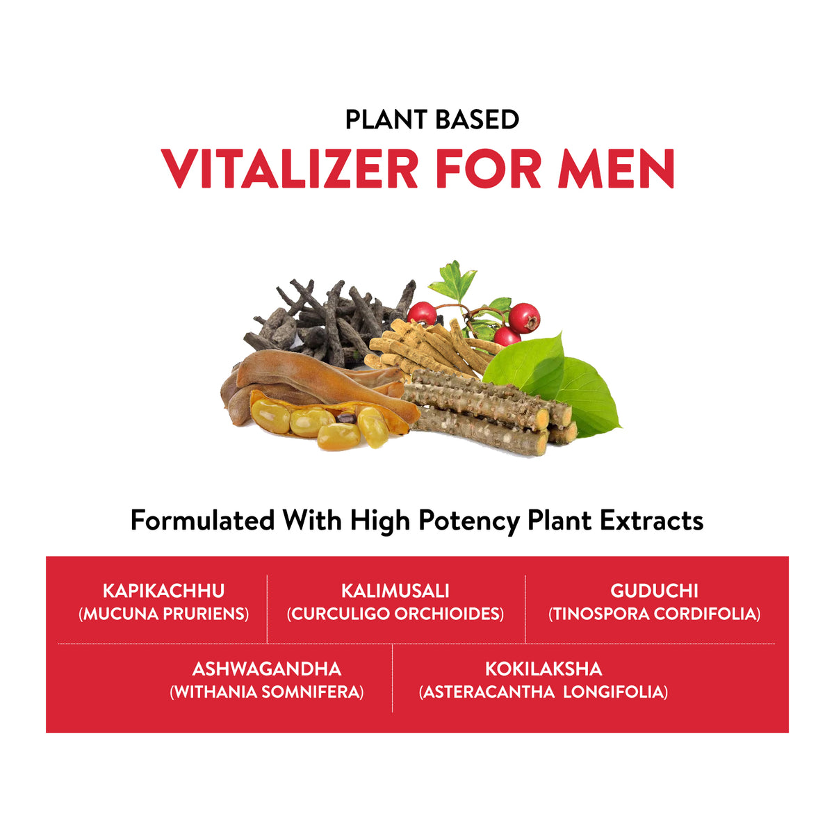 Advertisement for a plant-based vitalizer for men with ingredients listed on a white background.
