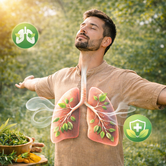 Man with lungs graphic and nature elements, symbolizing health and wellness.