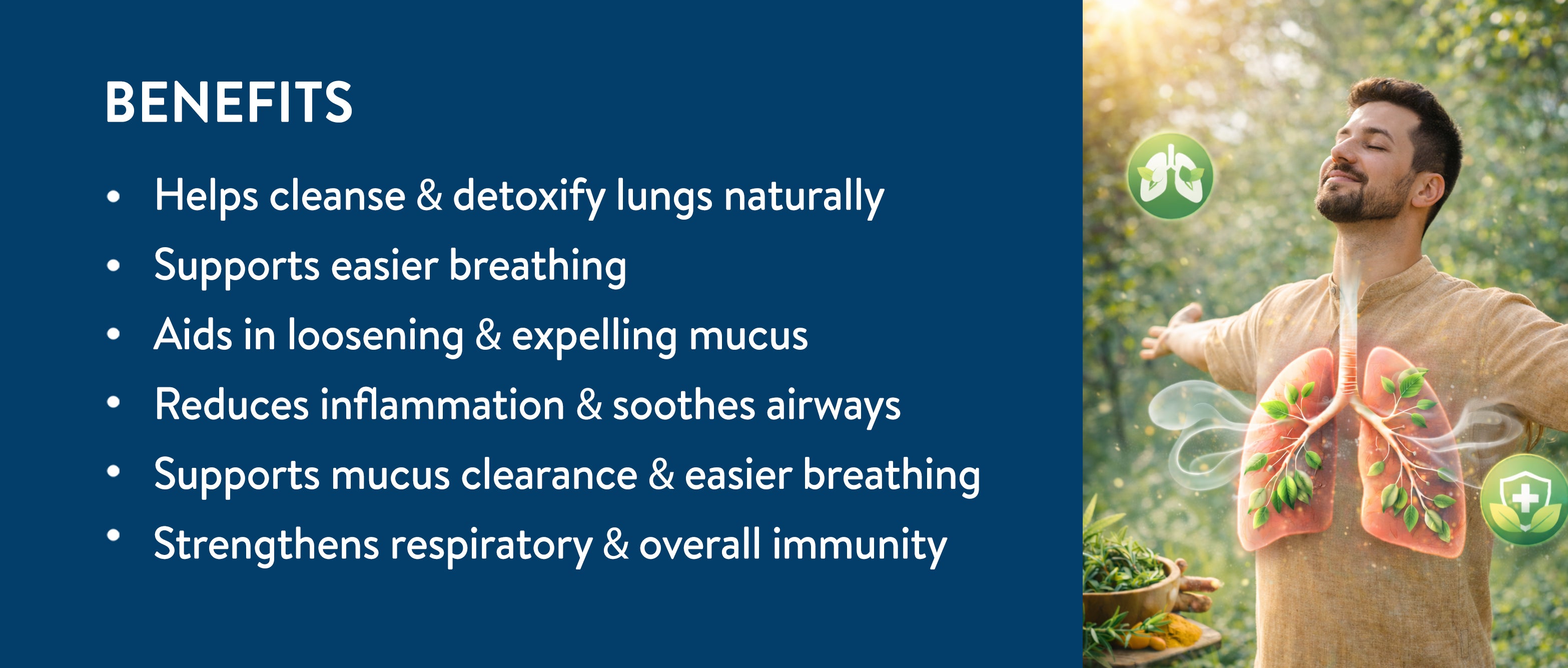 Person with lungs graphic and benefits listed on a blue background.