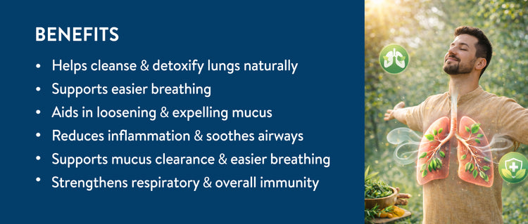 Person with lungs graphic and benefits listed on a blue background.