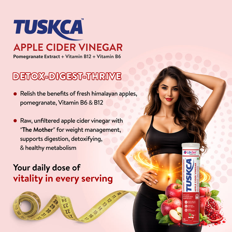 TUSKCA Apple Cider Vinegar supplement advertisement with a woman holding the product.