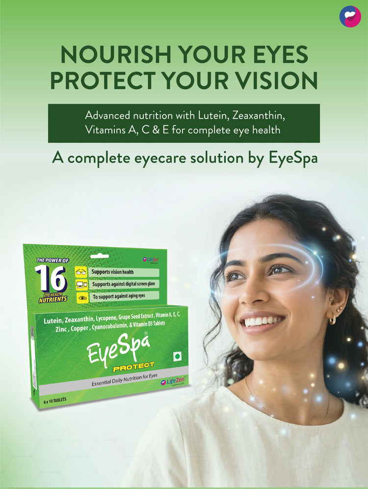 Advertisement for EyeSpa eye care solution with a woman smiling and text about eye health.