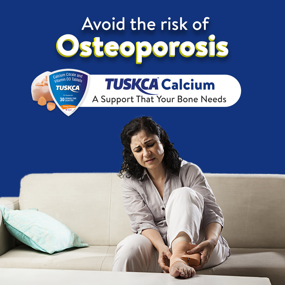 A woman wrapping her foot with a crepe bandage, with the headline "avoid the risk of osteoporosis" and the tagline "Tuskca Calcium: a support that your bone needs.