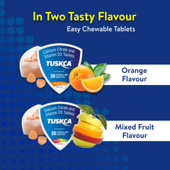 Promotional image displaying two packages of Tuskca Calcium, one for Orange flavor and one for Mixed Fruits flavor, highlighting the product's taste options.