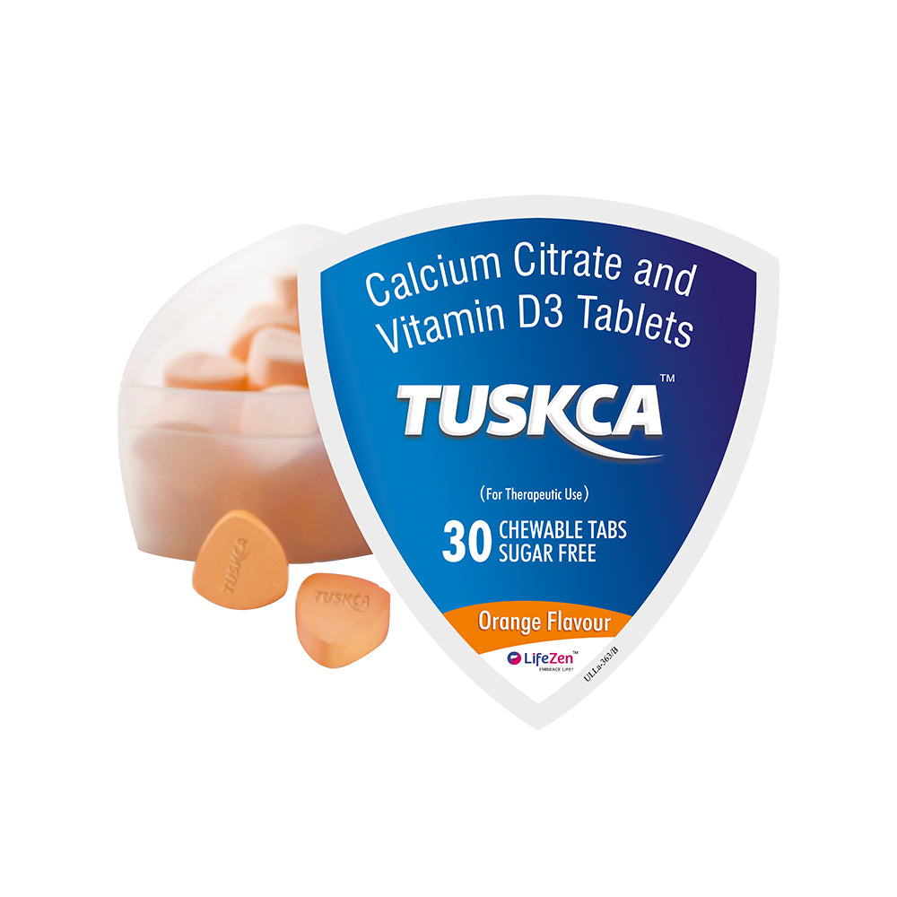 Tuskca Calcium Citrate and Vitamin D3 Tablets packaging with tablets on a white background.