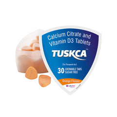 Tuskca Calcium Citrate and Vitamin D3 Tablets packaging with tablets on a white background.