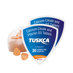 2 Tuskca Calcium Citrate and Vitamin D3 Tablet packagings with tablets on a white background.