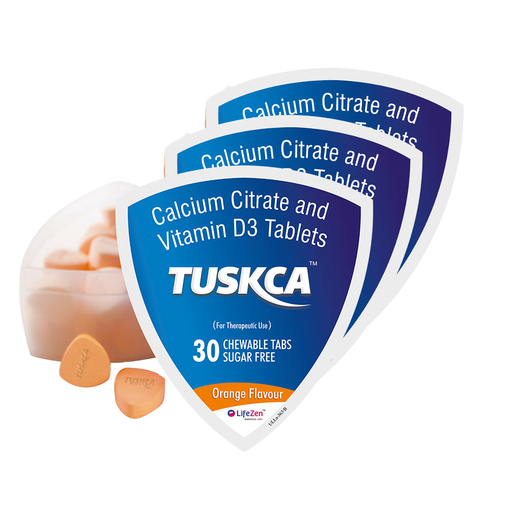 3 Tuskca Calcium Citrate and Vitamin D3 Tablet packagings with tablets on a white background.