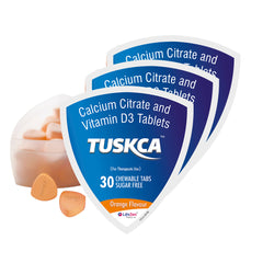 3 Tuskca Calcium Citrate and Vitamin D3 Tablet packagings with tablets on a white background.