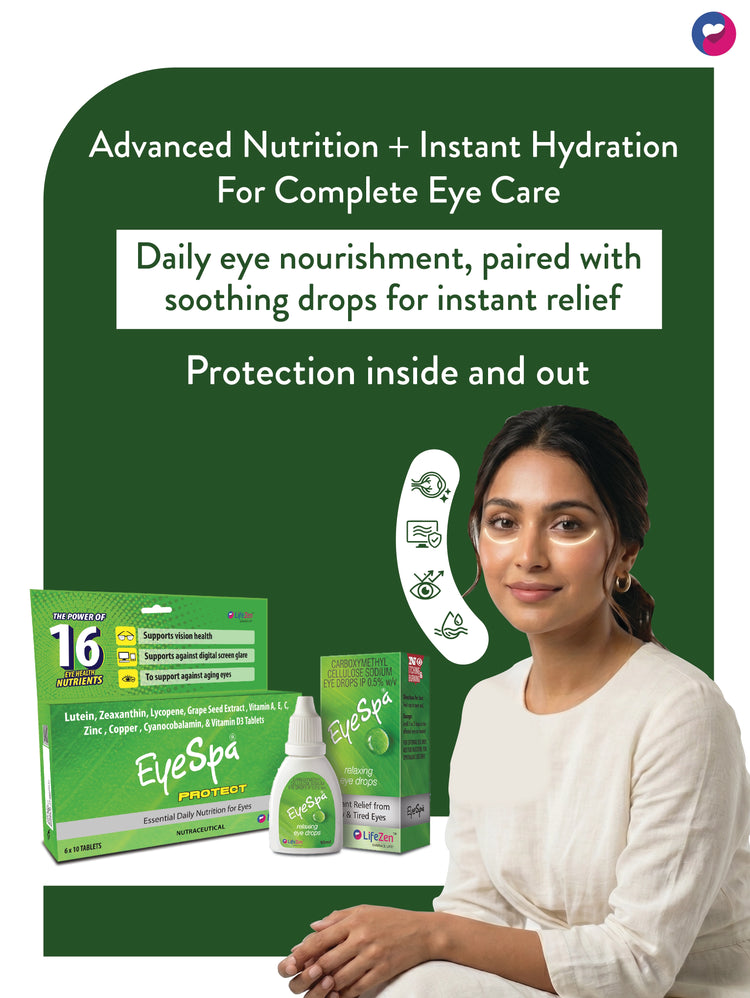 Advertisement for EyeSpa ProEye eye care products with a woman in front of a green background.