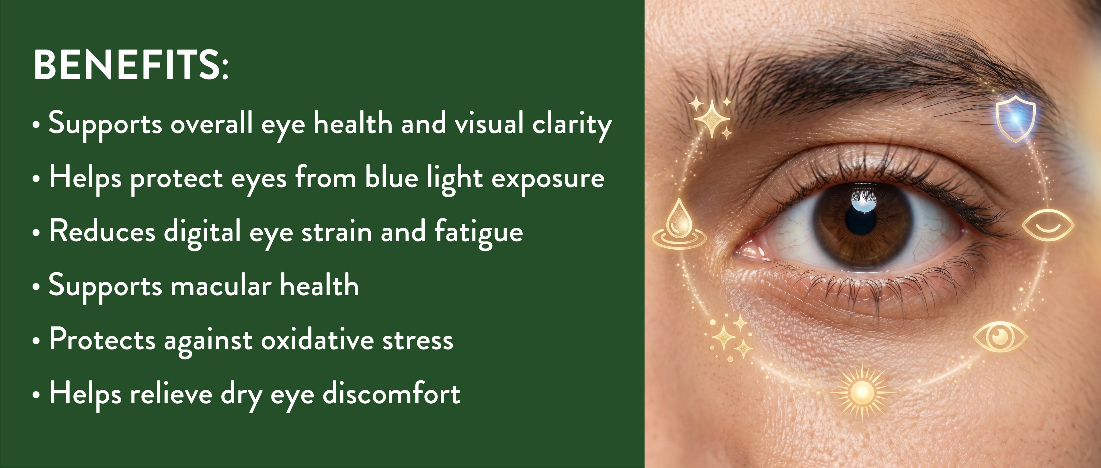 Eye health benefits with a close-up of an eye and text on a green background.