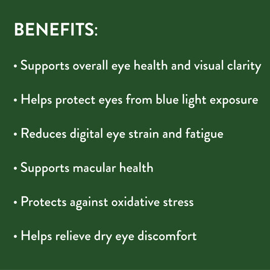 List of eye health benefits on a green background.