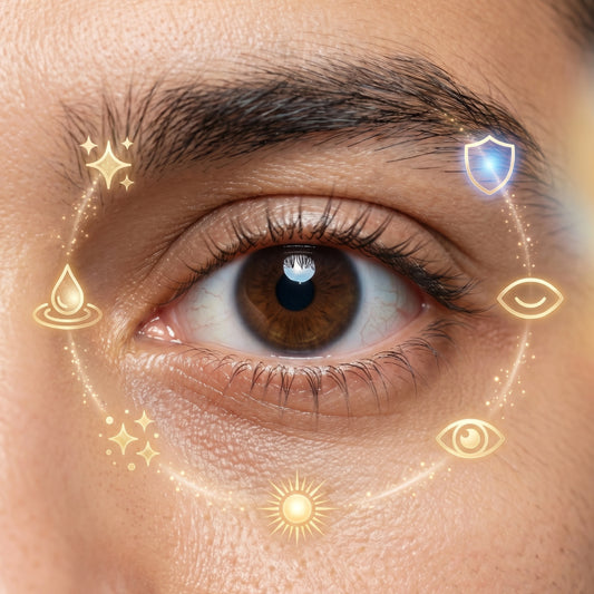 Close-up of a brown eye with eye health icons as elements around it.