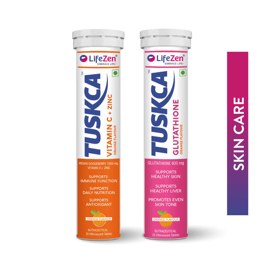 Two LifeZen TUSKCA supplements Tuskca Glutathione and Tuskca Vitamin C tubes on a white background with a 'Skin Care' label.