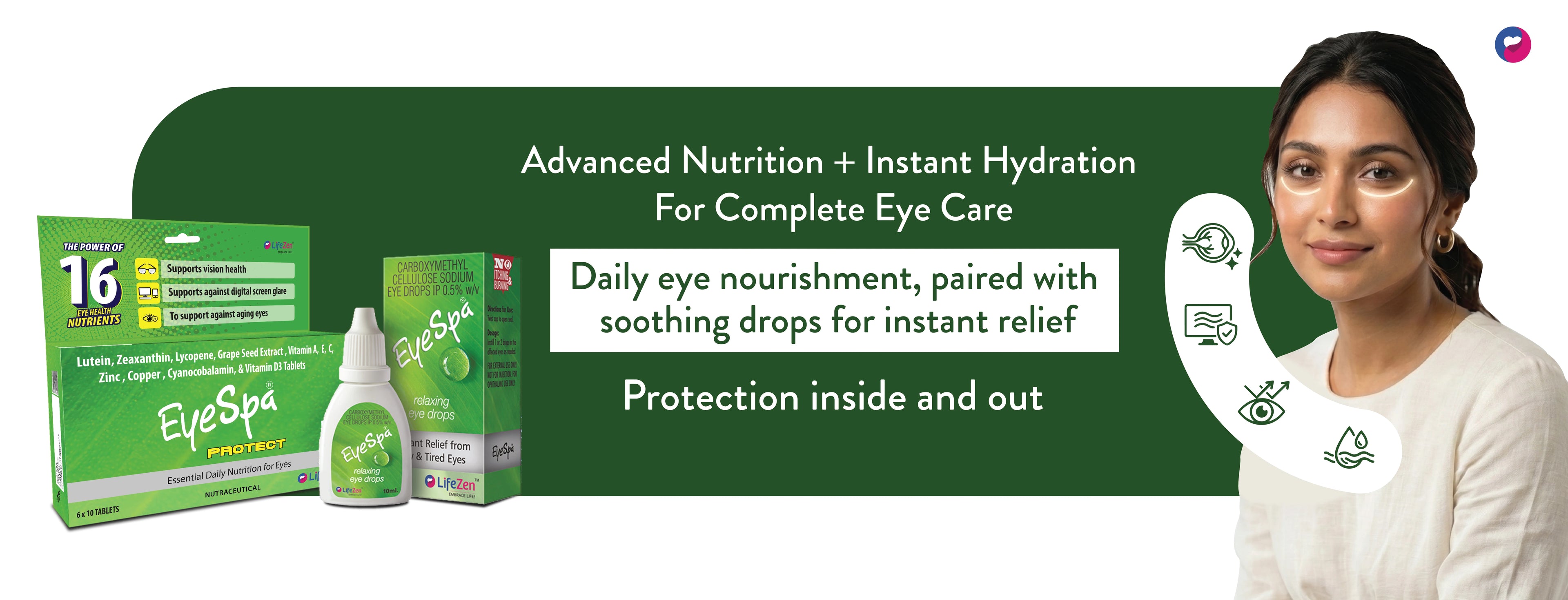 Advertisement for EyeSpa eye care products with a woman and product packaging on a green background.