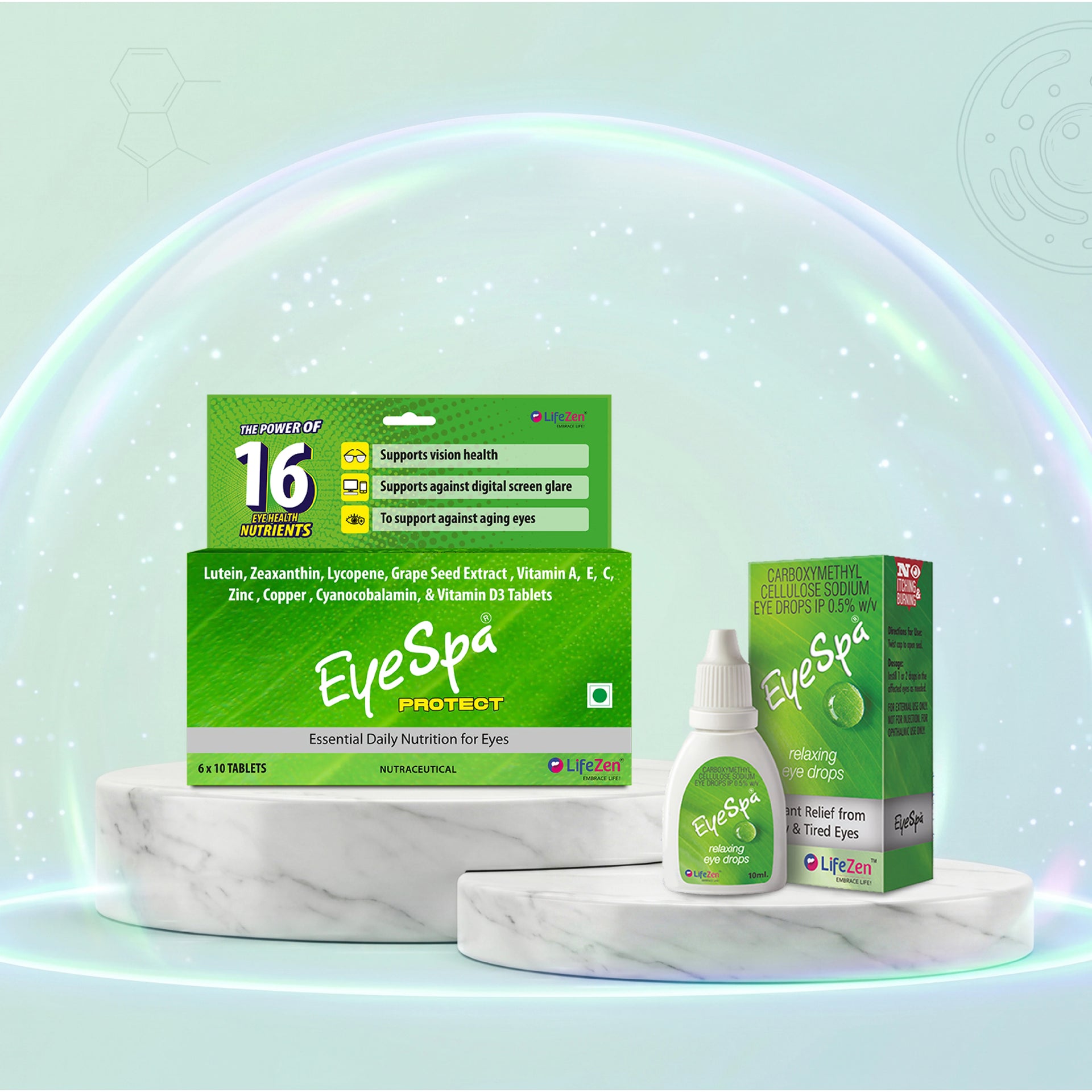 EyeSpa products packagings on a marble surface with a light green background