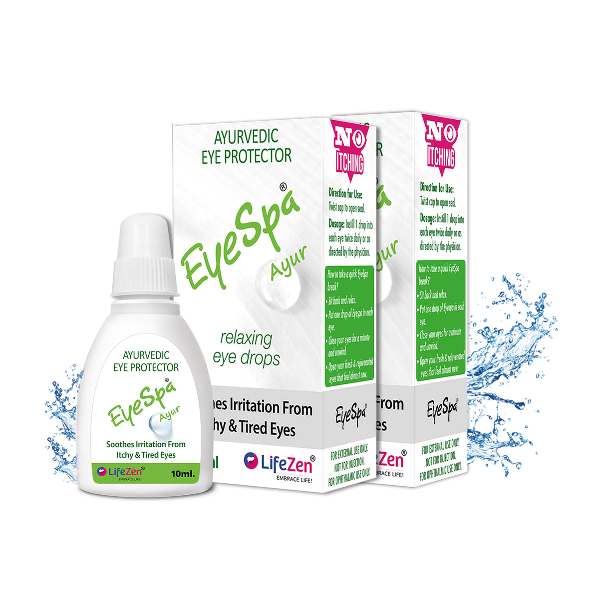 2 Packagings for EyeSpa Ayur, a pair of Ayurvedic eye drops. The box is predominantly white with green accents and text, and includes an image of the product bottle.