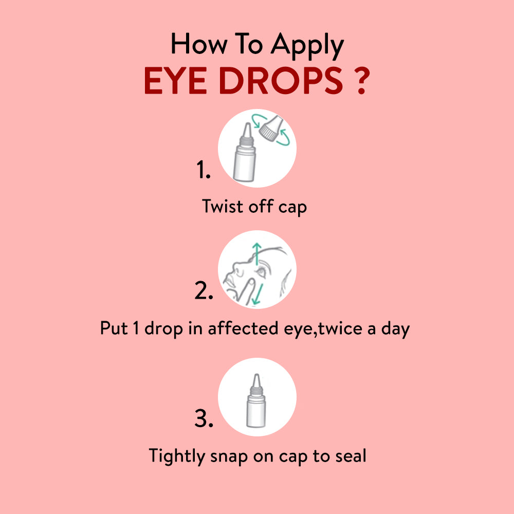 Instructions on how to apply EyeSpa Red eye drops with icons and text on a pink background.