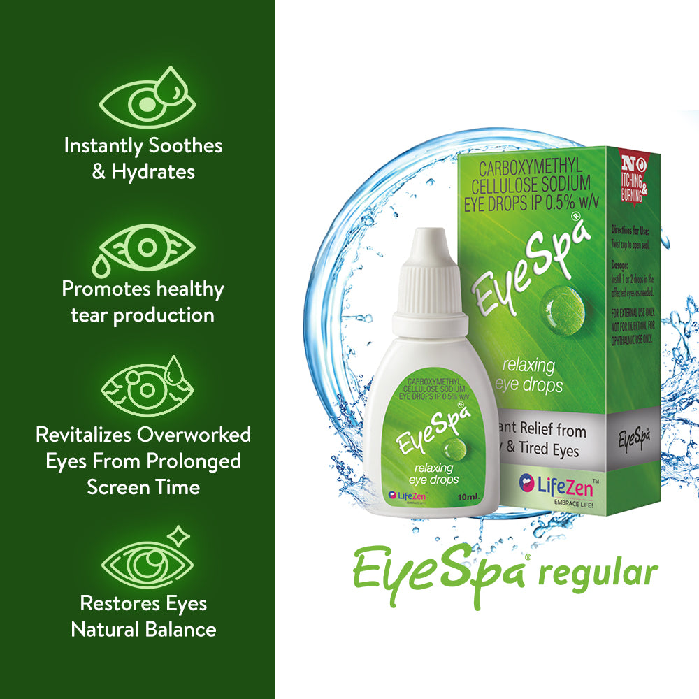 A bottle of Eye Spa eye drops with a water splash effect, alongside a list of four key benefits: Instantly soothes and hydrates, Promotes healthy tear production, Revitalizes overworked eyes from prolonged screen time, and Restores eyes natural balance.