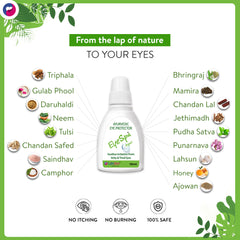 Ayurvedic eye protector bottle with natural ingredients listed on a white background.