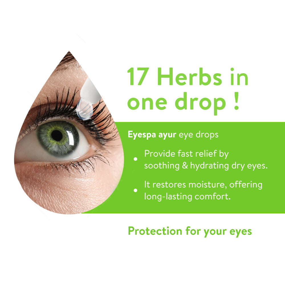 Advertisement for Eyespa ayur eye drops showing a close-up of an eye with a drop of liquid, highlighting '17 Herbs in one drop'.