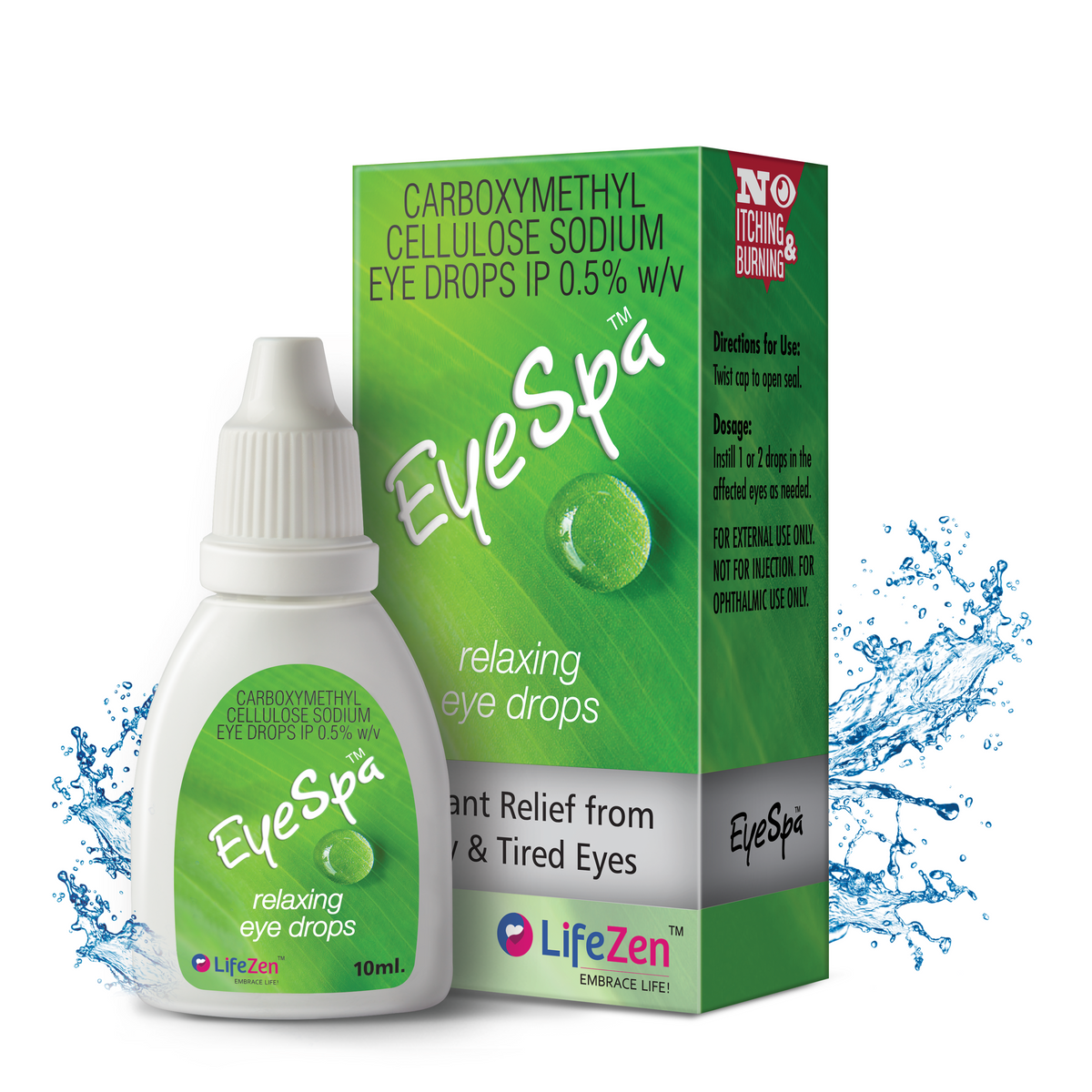 Eye Spa relaxing eye drops bottle and packaging on a white background.