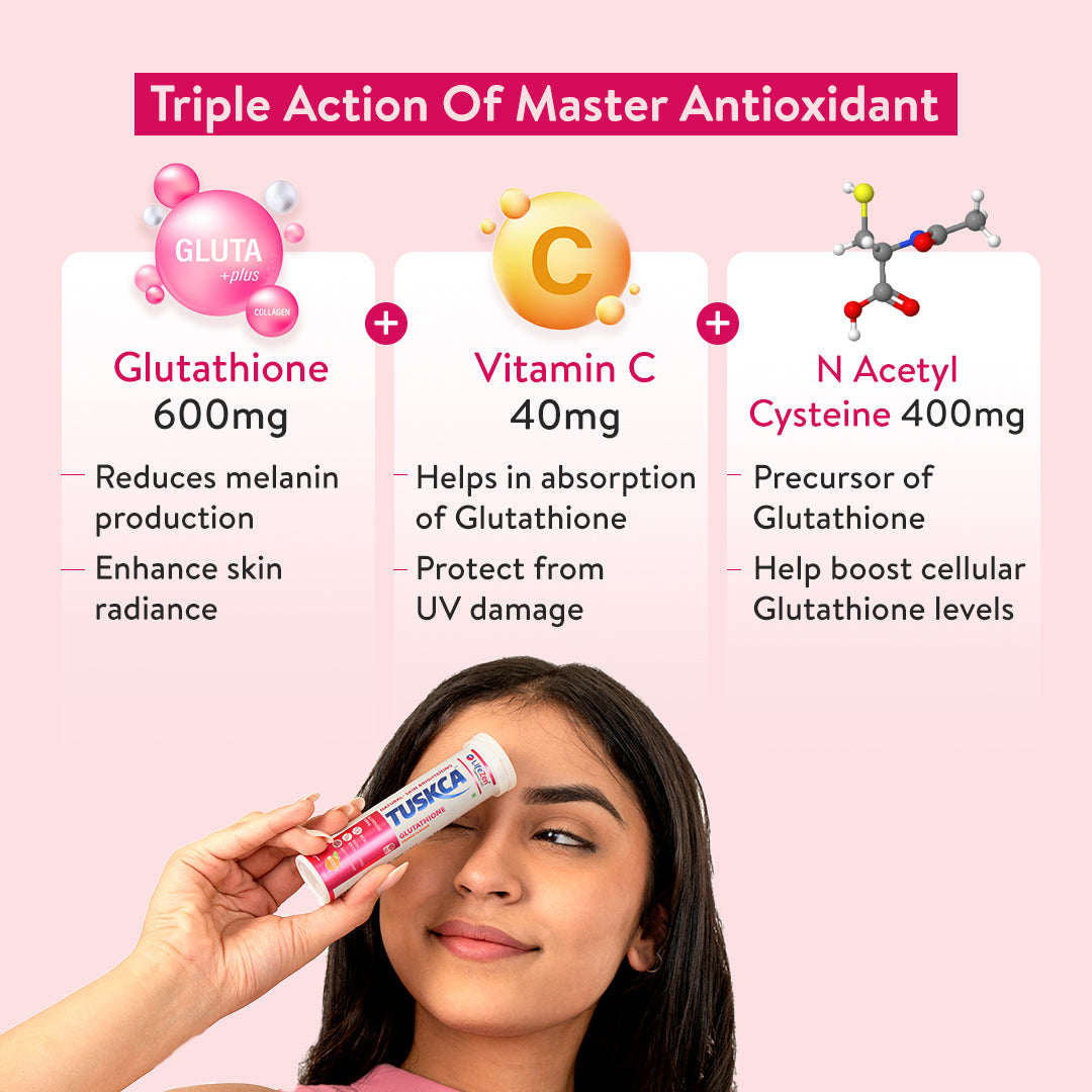 Presenting Key ingredients of Tuskca Glutathione are Japanese Opitac Glutathione, Vitamin C and Amino acids.