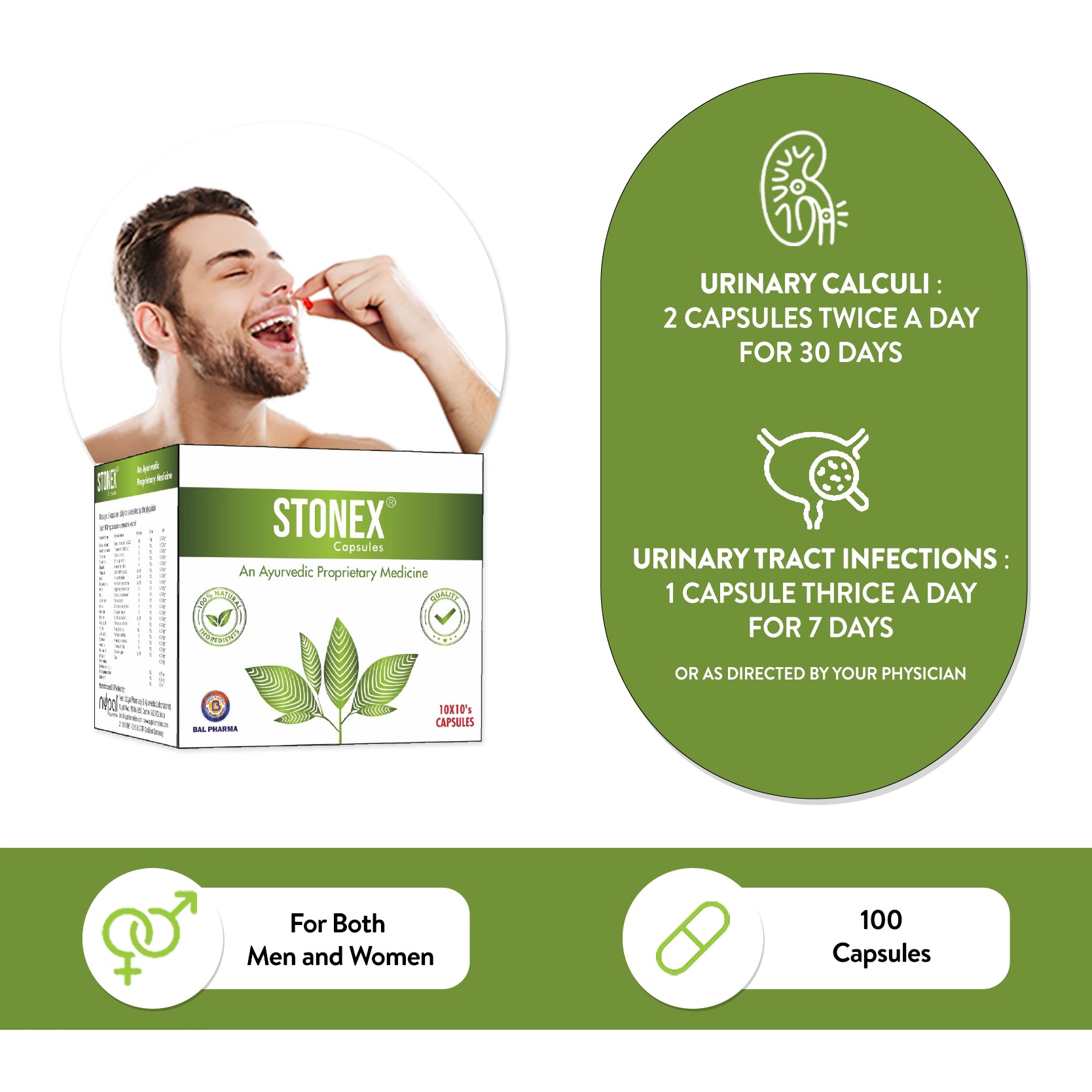 Stonex Ayurvedic product packaging with usage instructions on a white background