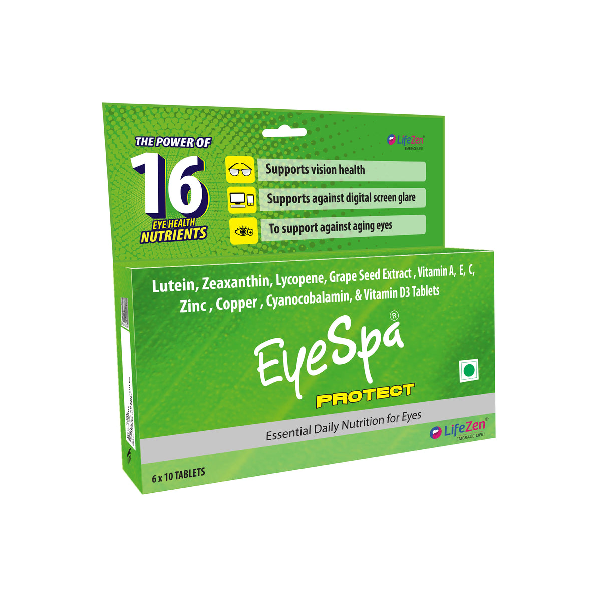 Green packaging of EyeSpa Protect with text on a white background.