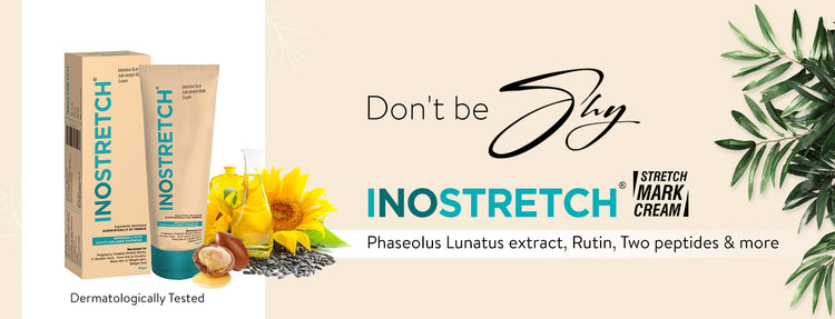 INOSTRETCH stretch mark cream packaging with sunflower and leaves on a beige background.