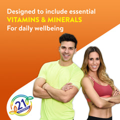 Two people standing side by side with an orange background and '21 Nutrients' logo.