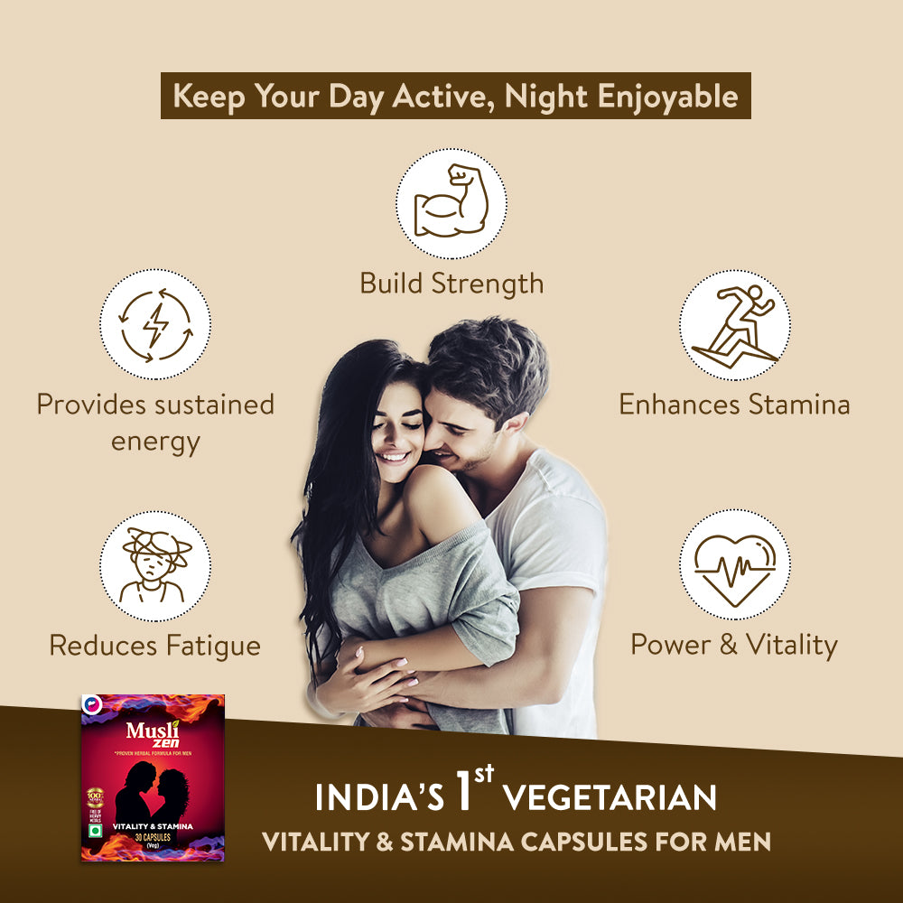 A couple in the image with different benefits of Muslizen herbal supplement.