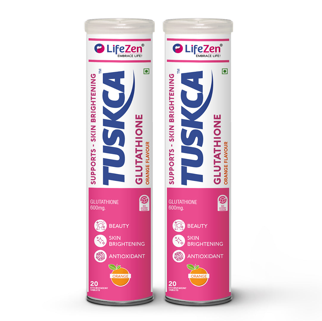 2 packs of Tuskca Glutathione, with branding and text indicating it is a skin brightening, antioxidant supplement with 20 effervescent tablets.