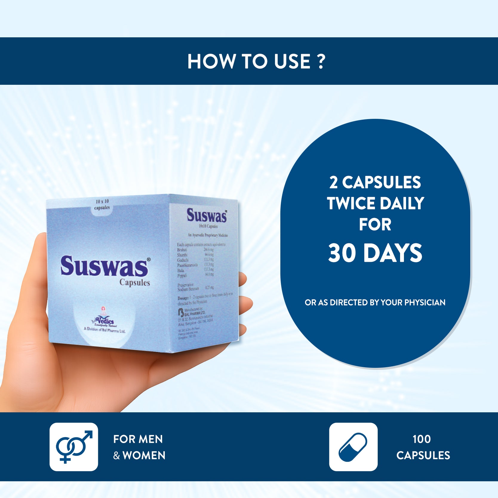 Suswas capsules packaging held by a hand with usage instructions on a light blue background.