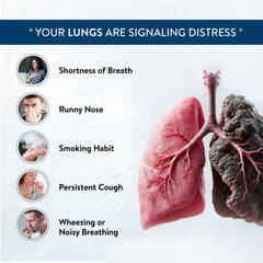 Diagram of lungs with symptoms of lung distress listed on a white background.