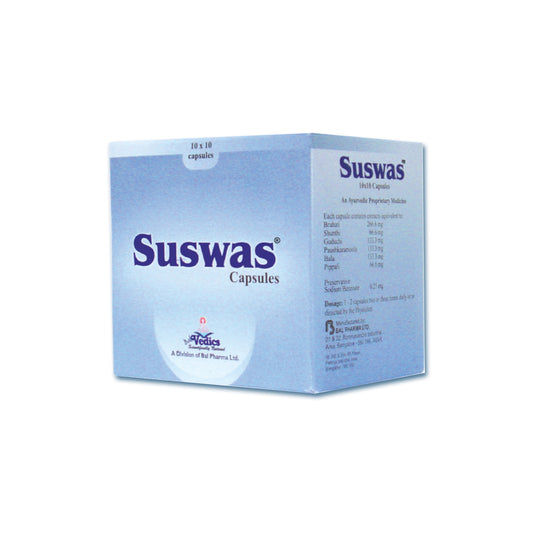 Box of Suswas capsules on a white background.