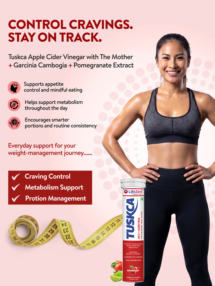 A graphic for Tuskca Apple Cider Vinegar with The Mother plus Garcinia, featuring a smiling woman in athletic wear holding the product tube, alongside text benefits and a measuring tape on a pink background.