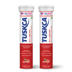 Two LifeZen TuskCa supplement tubes side by side on a white background. The tubes are white with red and blue branding, featuring the text 'TUSKCA' and 'ACV+ GARCINIA'.