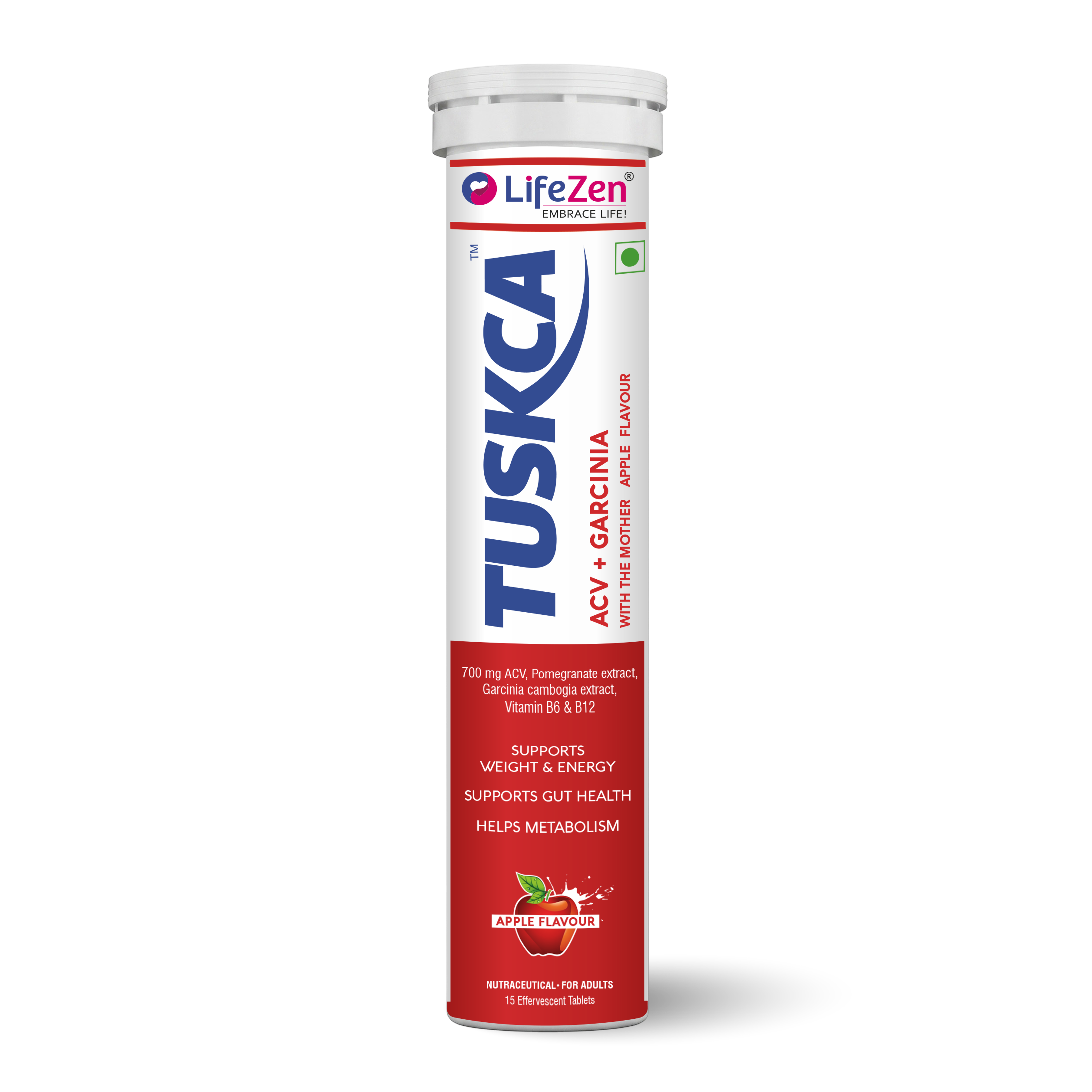 A single tube of Lifezen TUSKCA Apple Cider Vinegar with the mother, Garcinia and Pomegranate extract dietary supplement, featuring a white and red design with blue lettering, shown on a clean white background with a soft shadow.