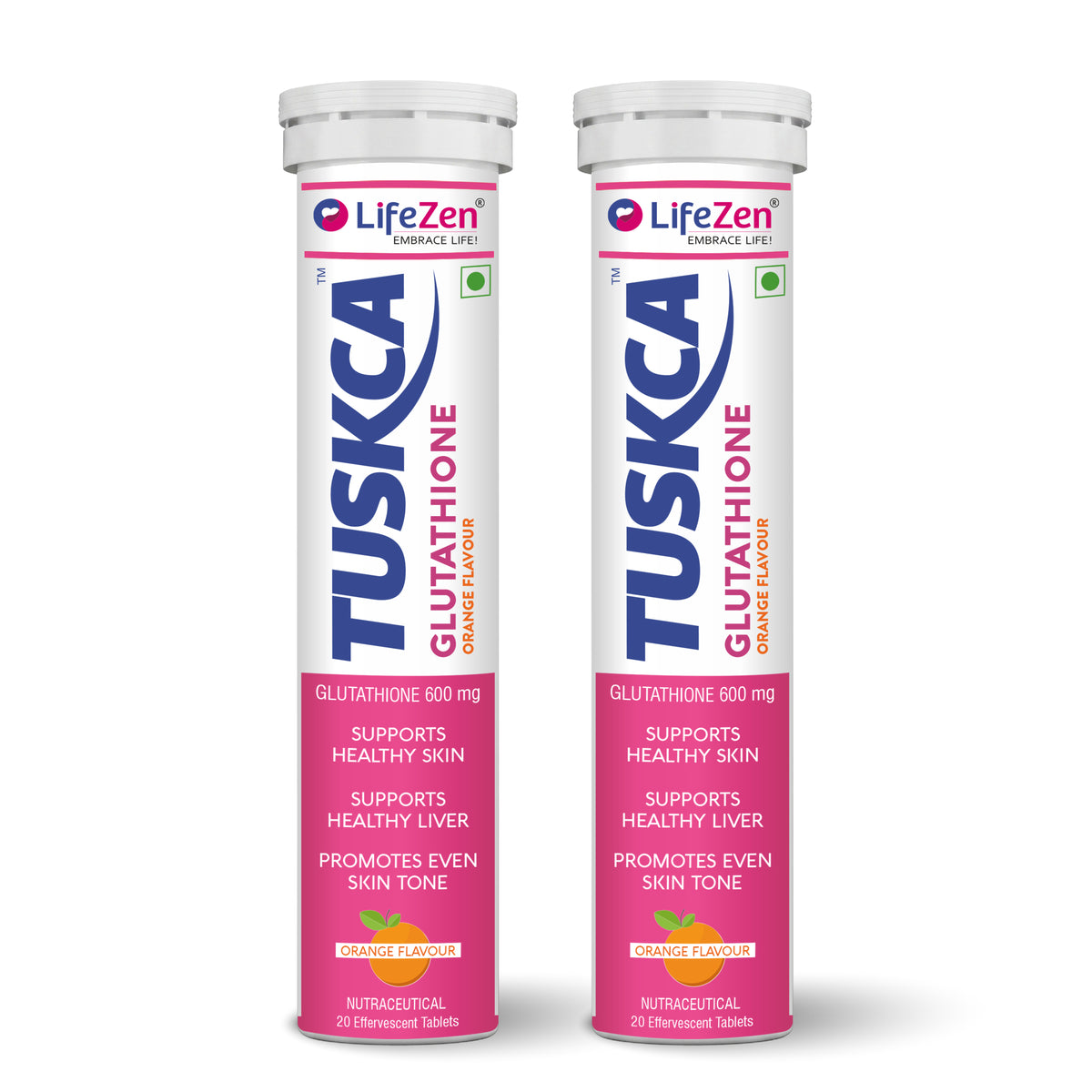 Two LifeZen Tuskca Glutathione tablets in white plastic bottles with pink and blue labels, shown side by side on a white background.