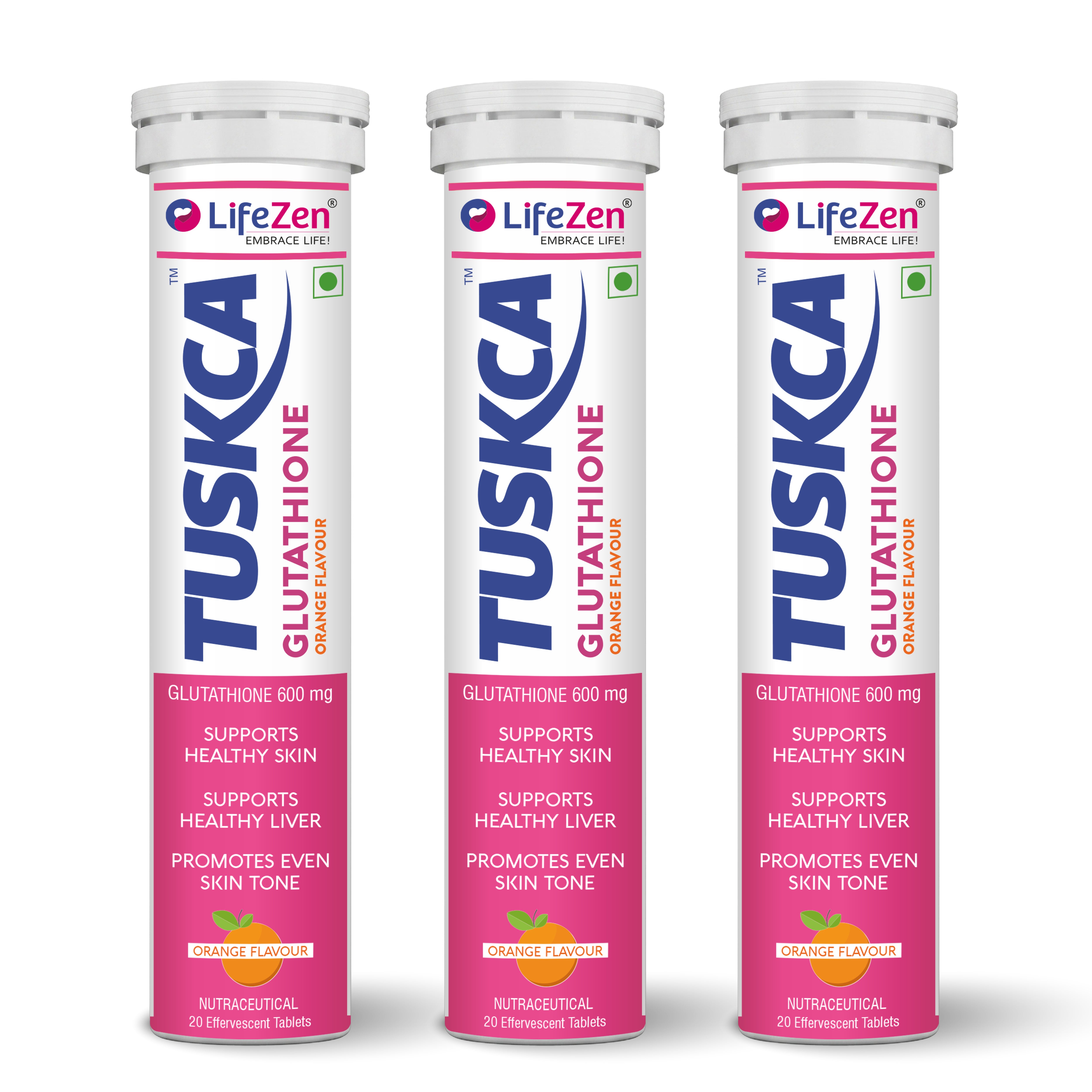 Three LifeZen Tuskca Glutathione Orange Flavor tablet bottles arranged side by side on a white background.