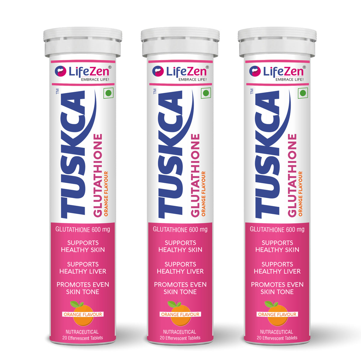 Three LifeZen Tuskca Glutathione Orange Flavor tablet bottles arranged side by side on a white background.