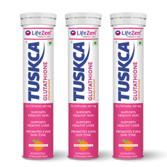 Three LifeZen Tuskca Glutathione Orange Flavor tablet bottles arranged side by side on a white background.