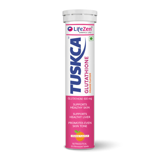 A single tube of LifeZen Tuskca Glutathione Opitac glutathione dietary supplement, featuring a white and pink design with blue and orange text, on a clean white background.