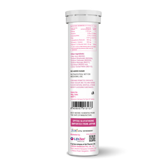 Background image of tall white cylindrical bottle of Tuskca Glutathione with a white cap, showing the back label with pink text and a barcode on a plain white background.