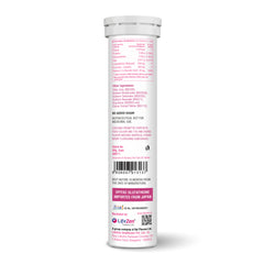 Background image of tall white cylindrical bottle of Tuskca Glutathione with a white cap, showing the back label with pink text and a barcode on a plain white background.