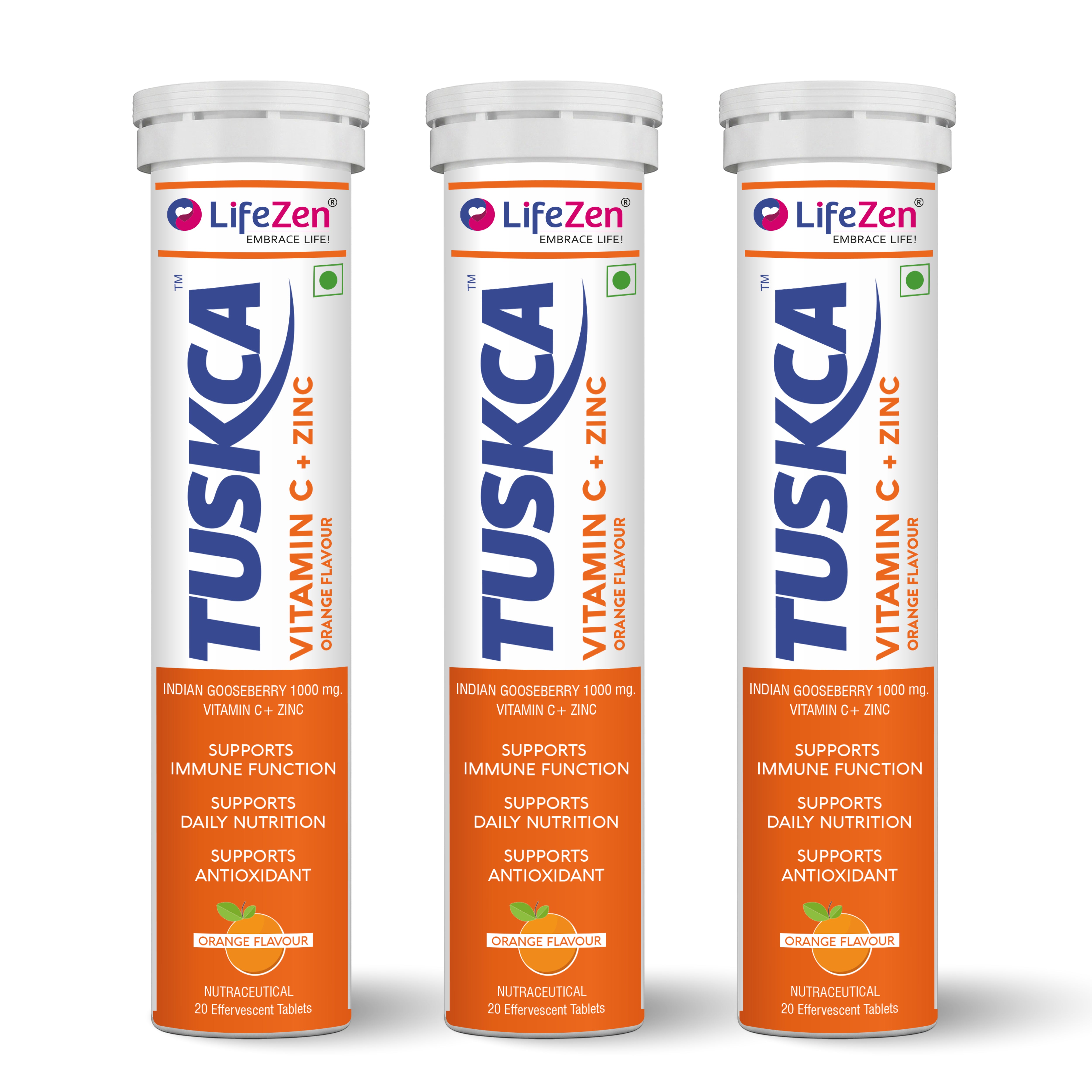 Three identical LifeZen Product Labs Tuskca Vitamin C + Zinc oral supplement tubes arranged side by side on a plain white background.